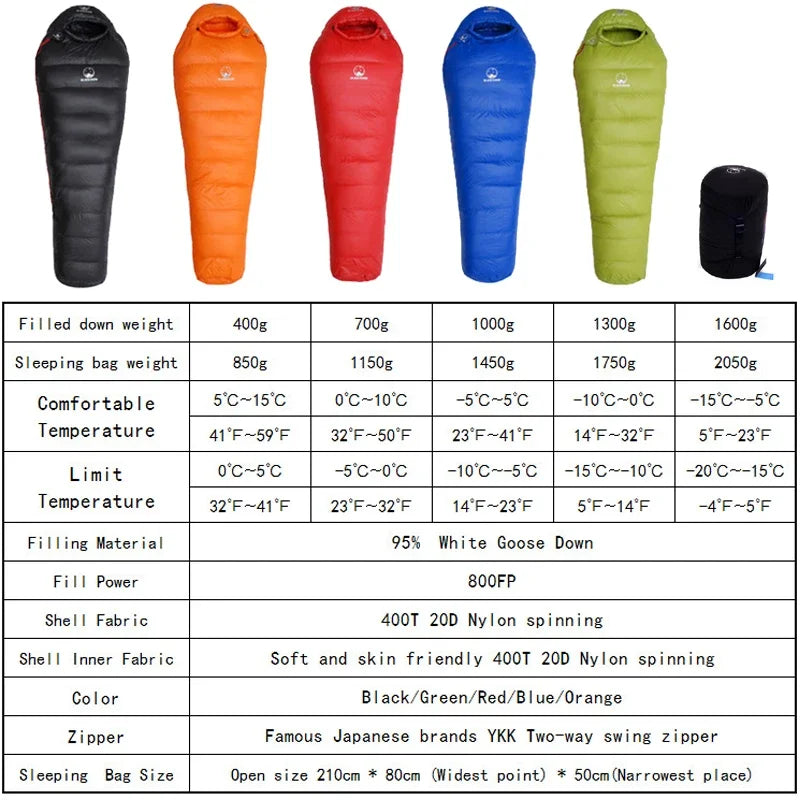 Goose Down Filled Adult Mummy Style Sleeping Bag